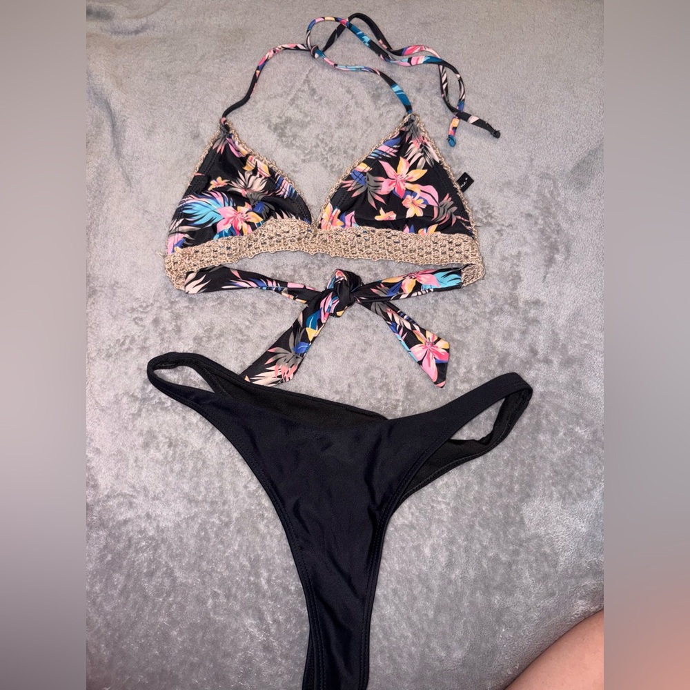 Floral Crochet Trim Bikini Set - Black with Pink & Blue Flowers
